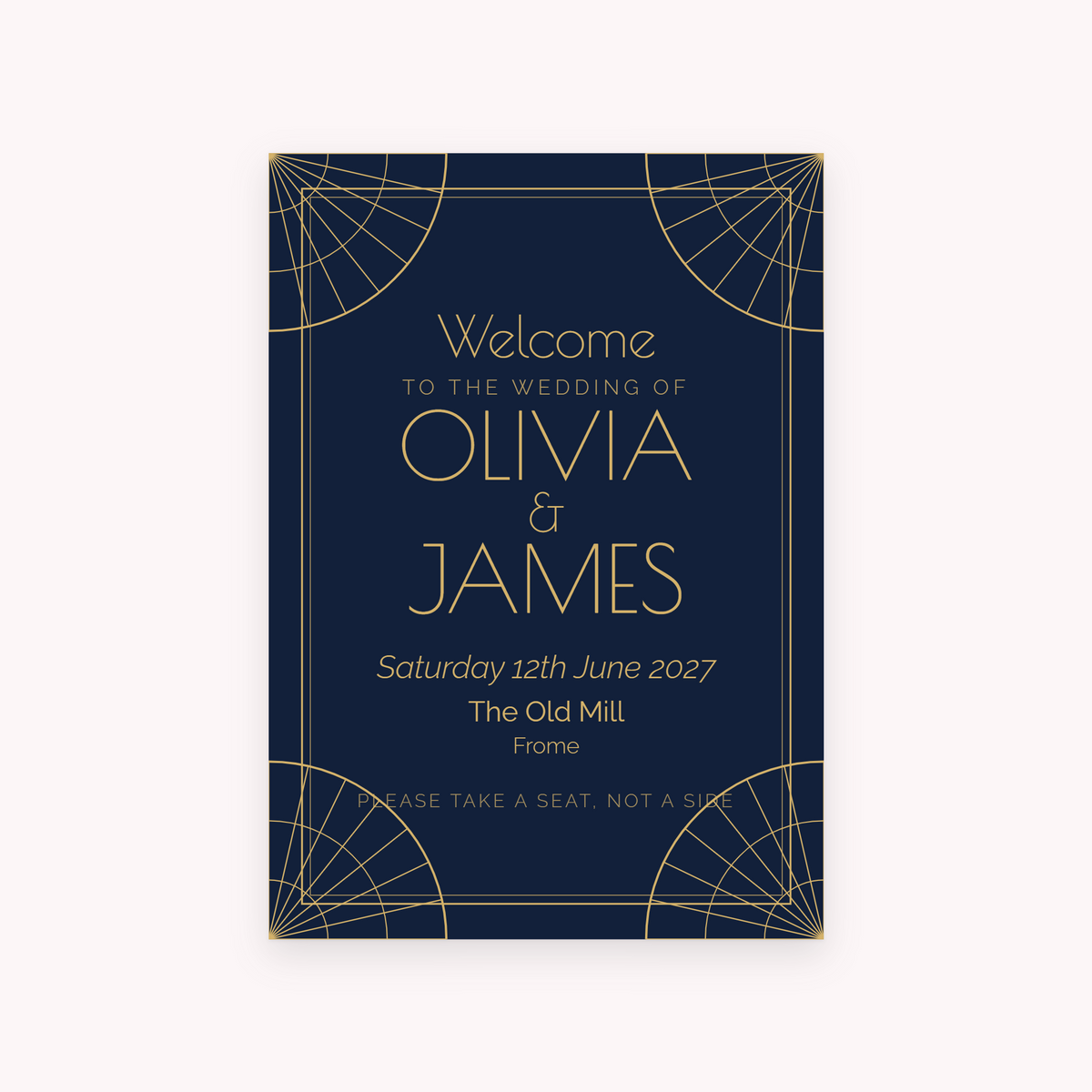 Deco A1 sign, shown with the sample names Olivia & James