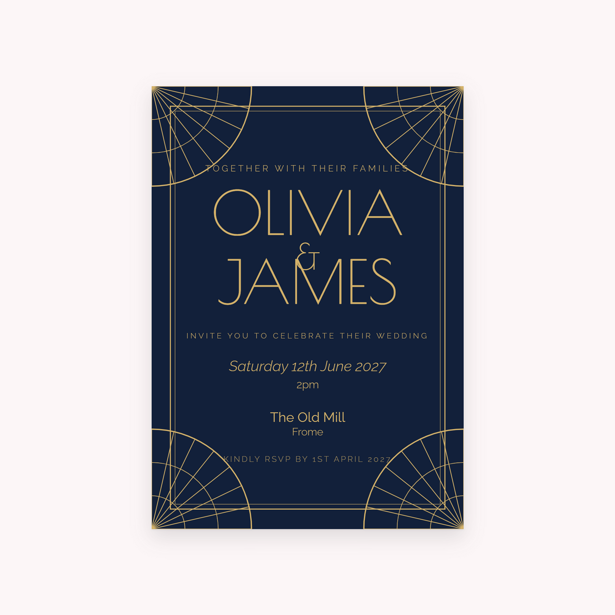 Deco invitation, shown with the sample names Olivia & James