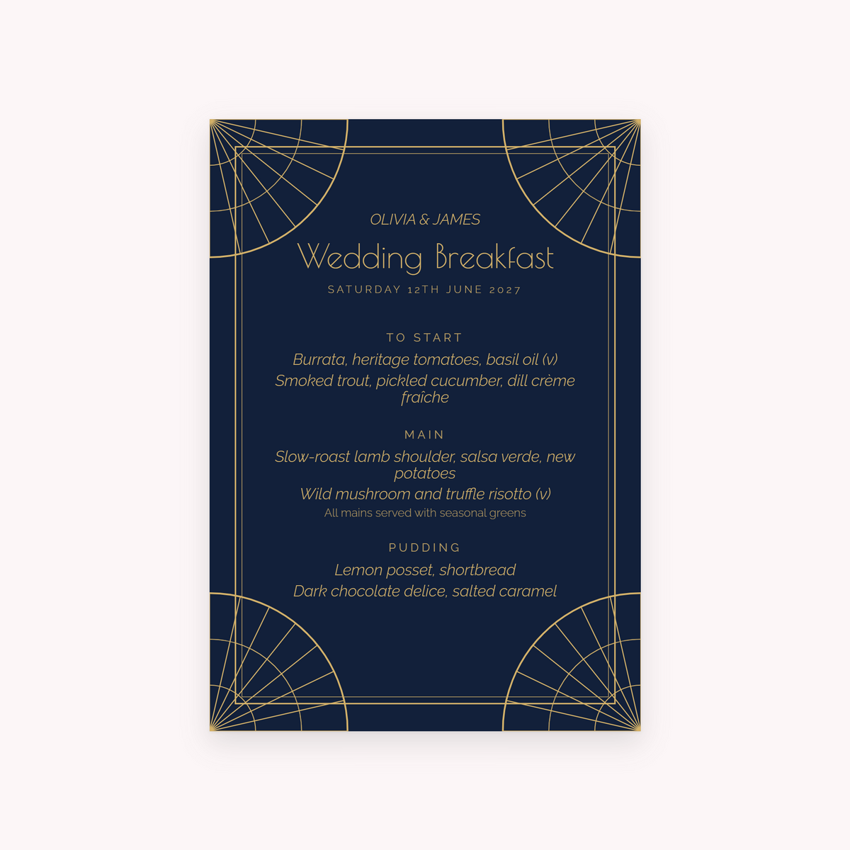 Deco menu, shown with the sample names Olivia & James