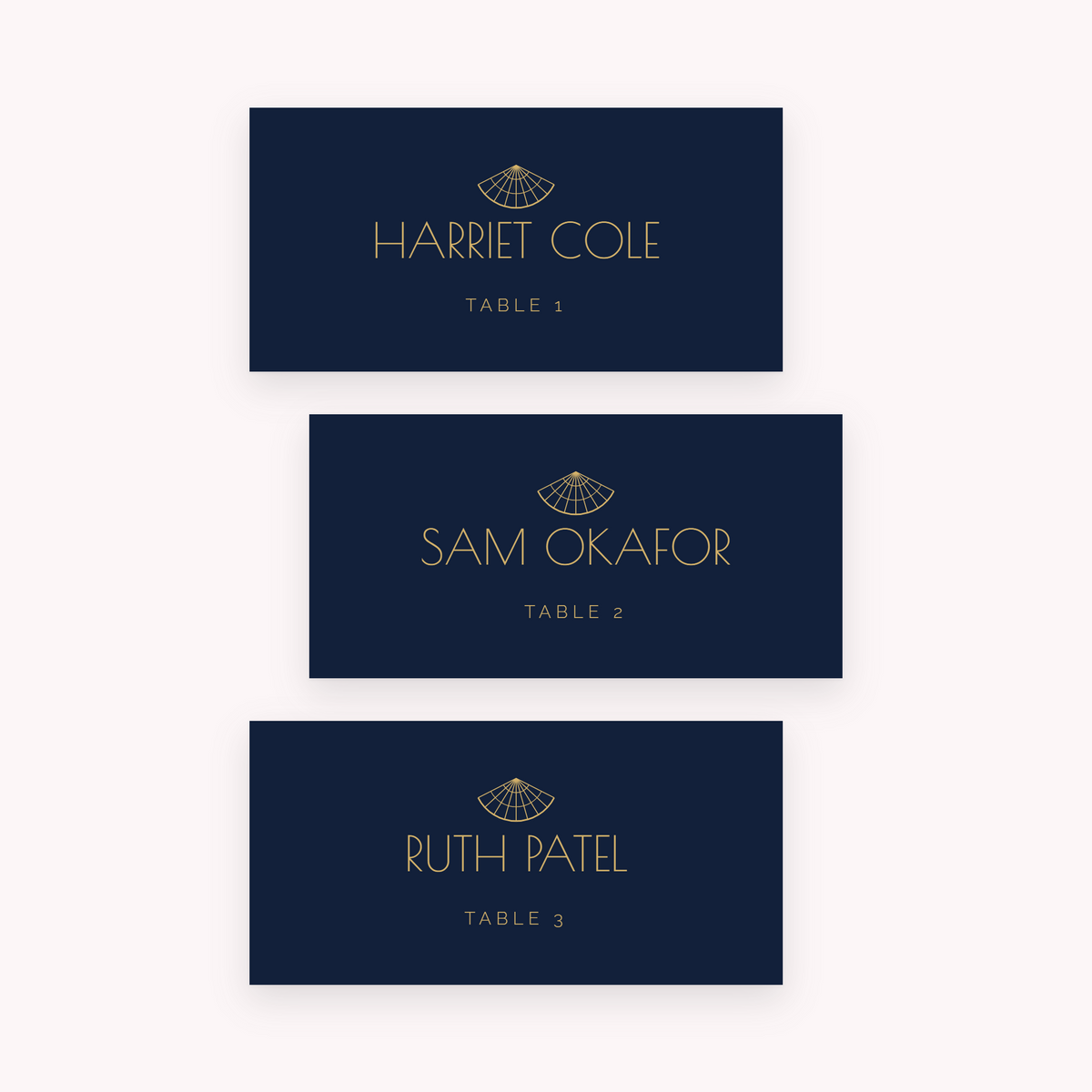 Deco place cards, shown with the sample names Olivia & James
