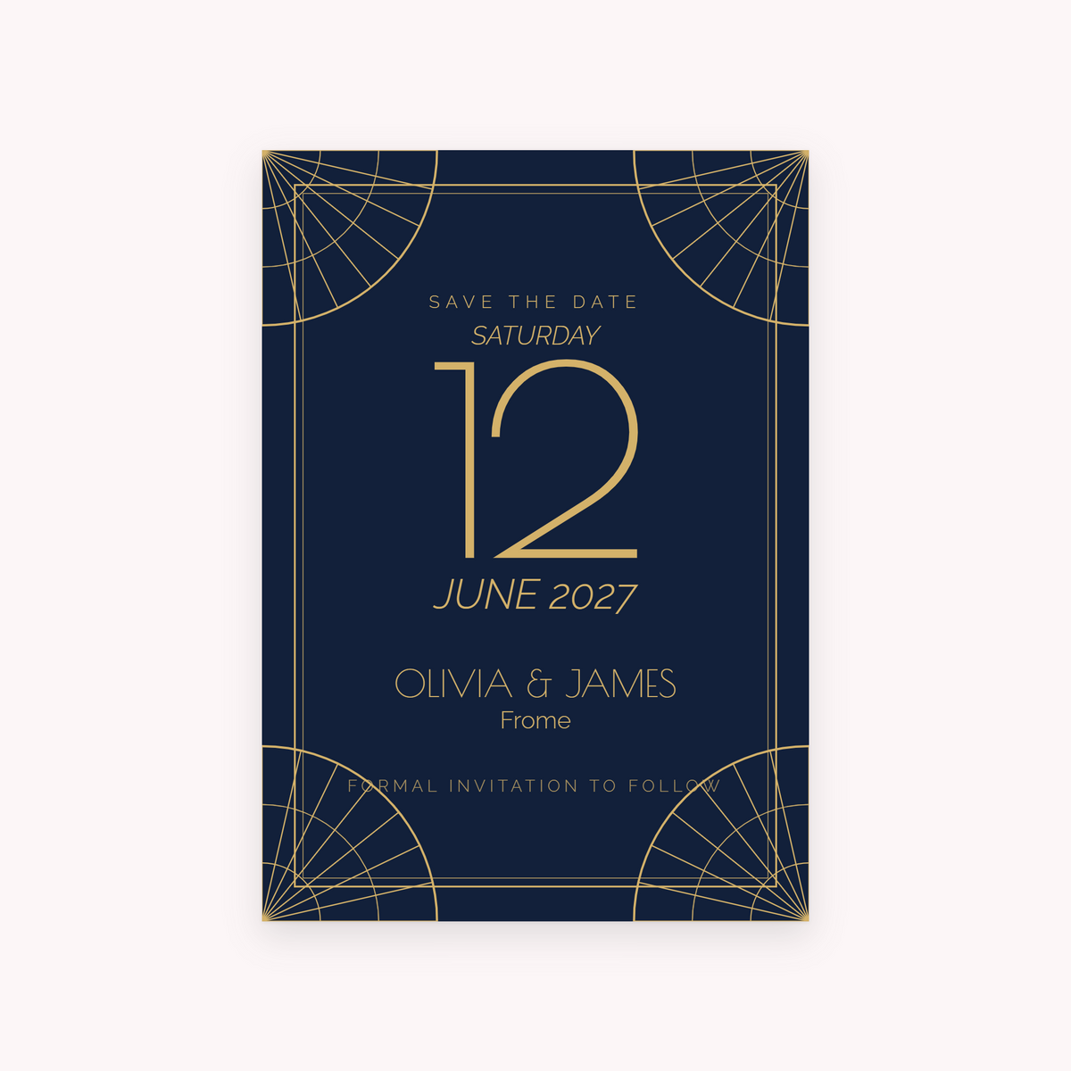 Deco save the date, shown with the sample names Olivia & James