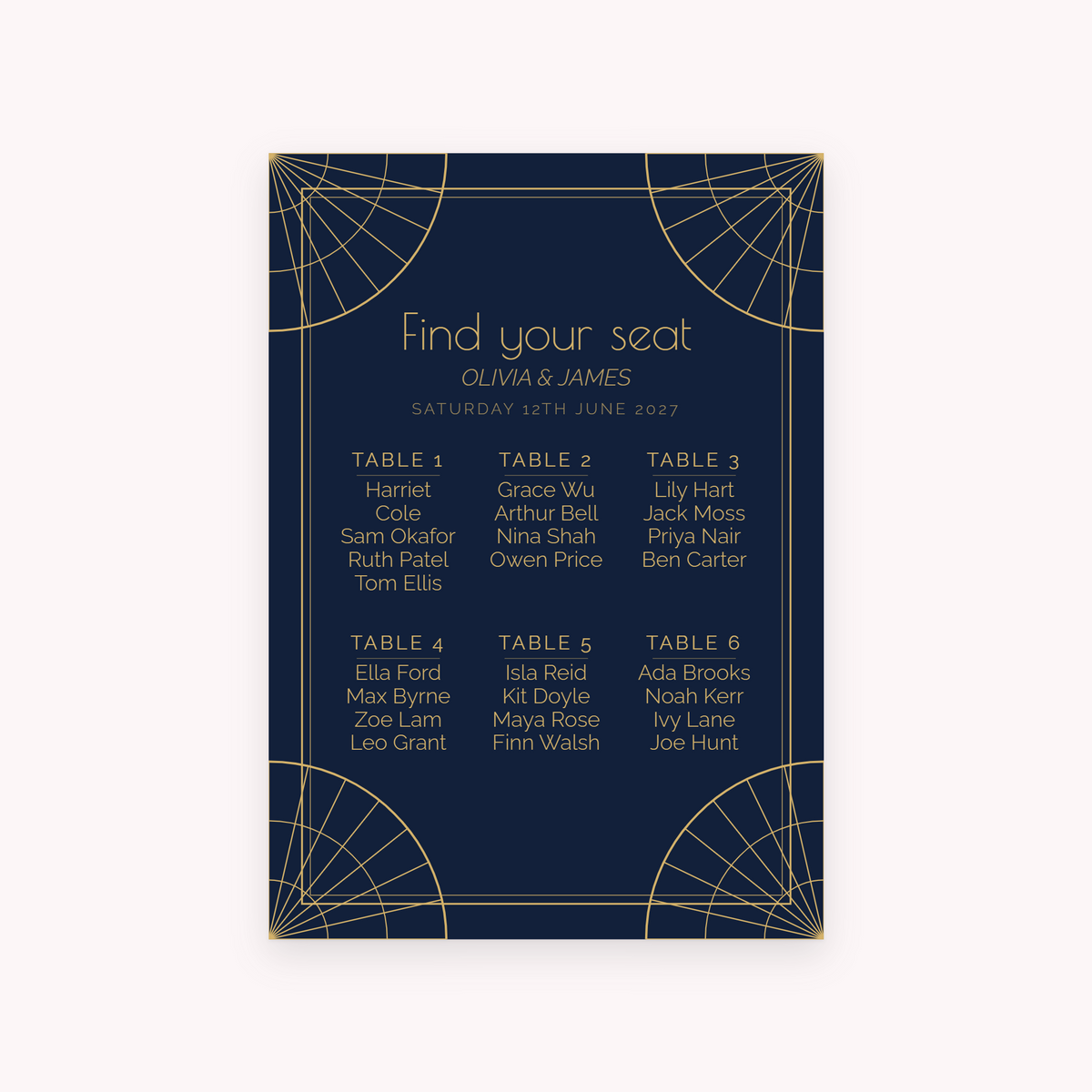 Deco seating plan, shown with the sample names Olivia & James