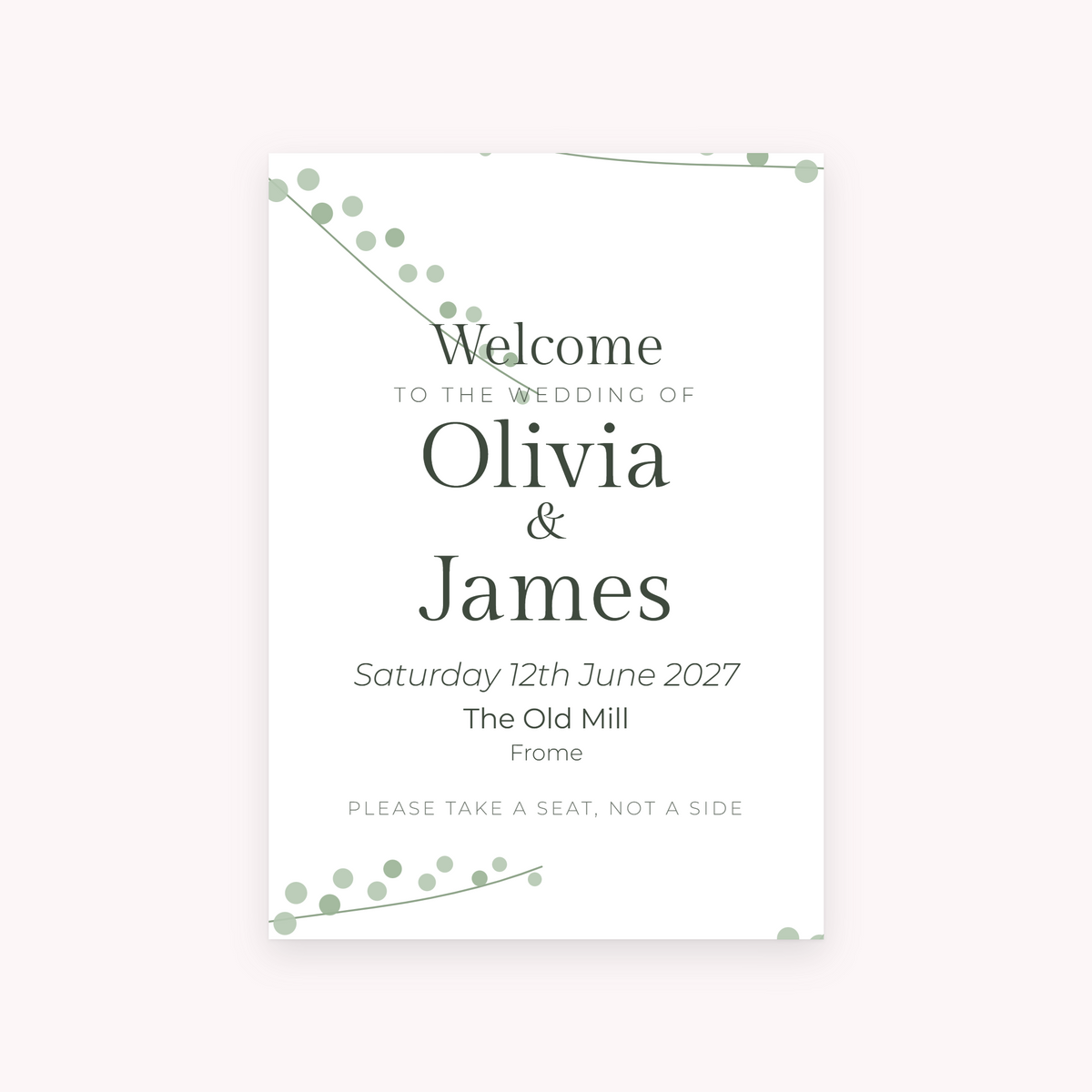 Eucalyptus A1 sign, shown with the sample names Olivia & James