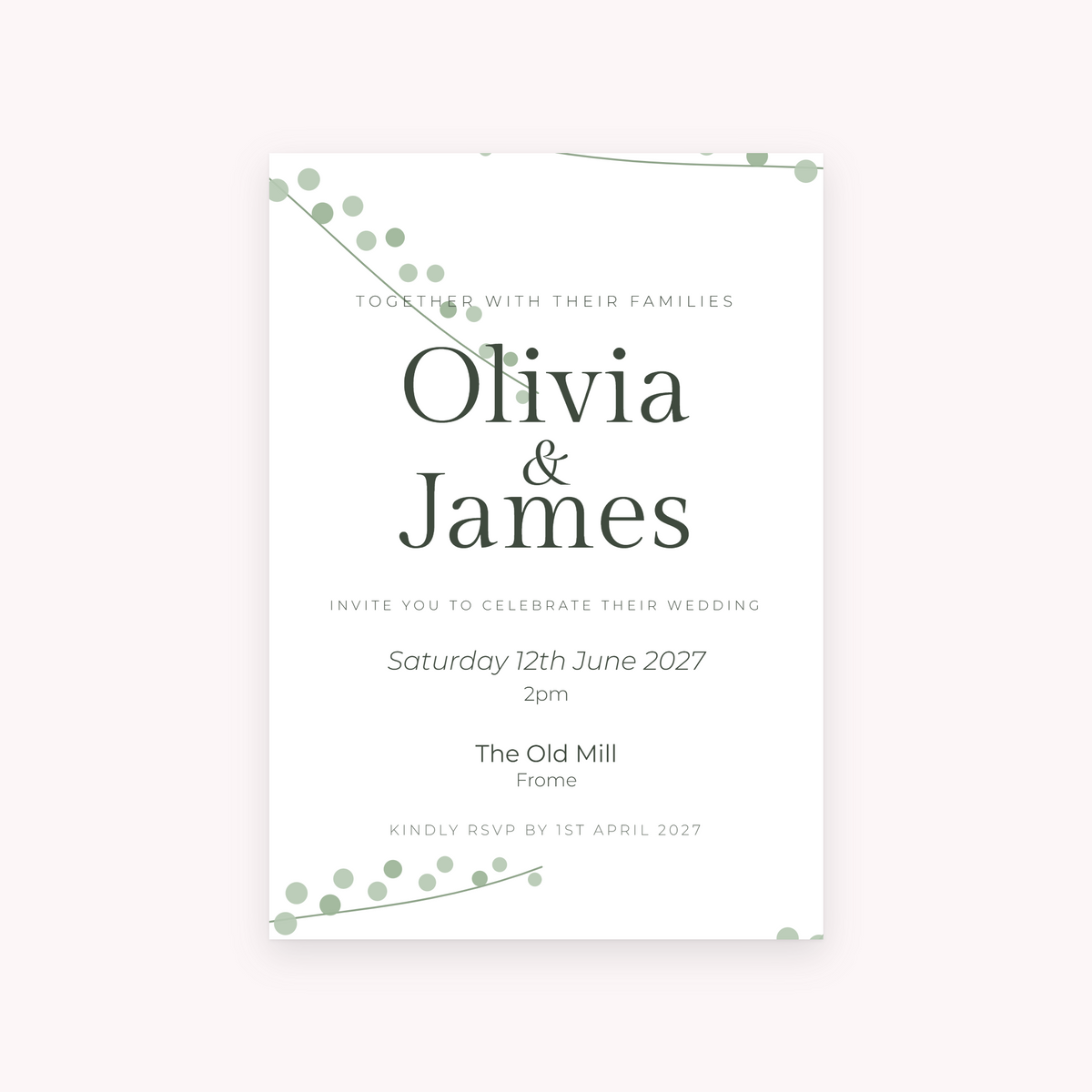 Eucalyptus invitation, shown with the sample names Olivia & James