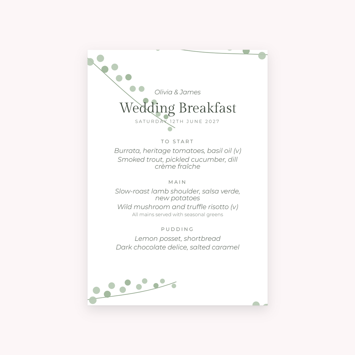 Eucalyptus menu, shown with the sample names Olivia & James