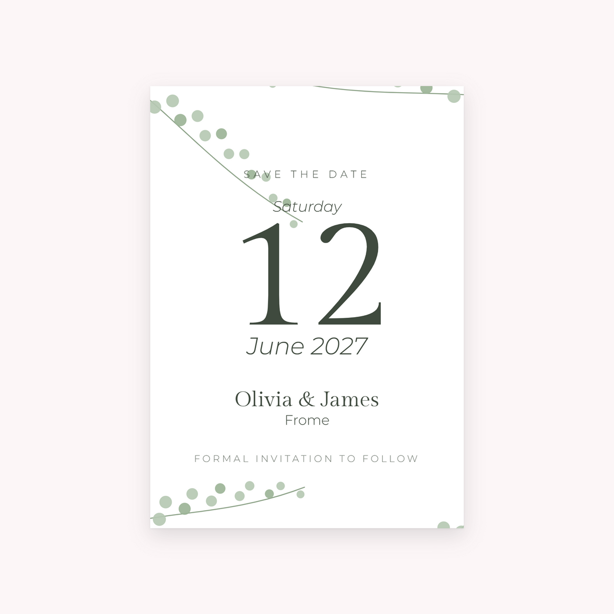 Eucalyptus save the date, shown with the sample names Olivia & James