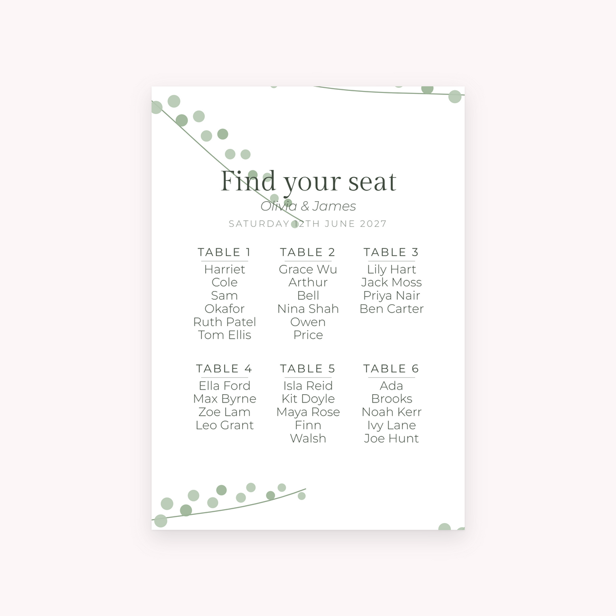 Eucalyptus seating plan, shown with the sample names Olivia & James