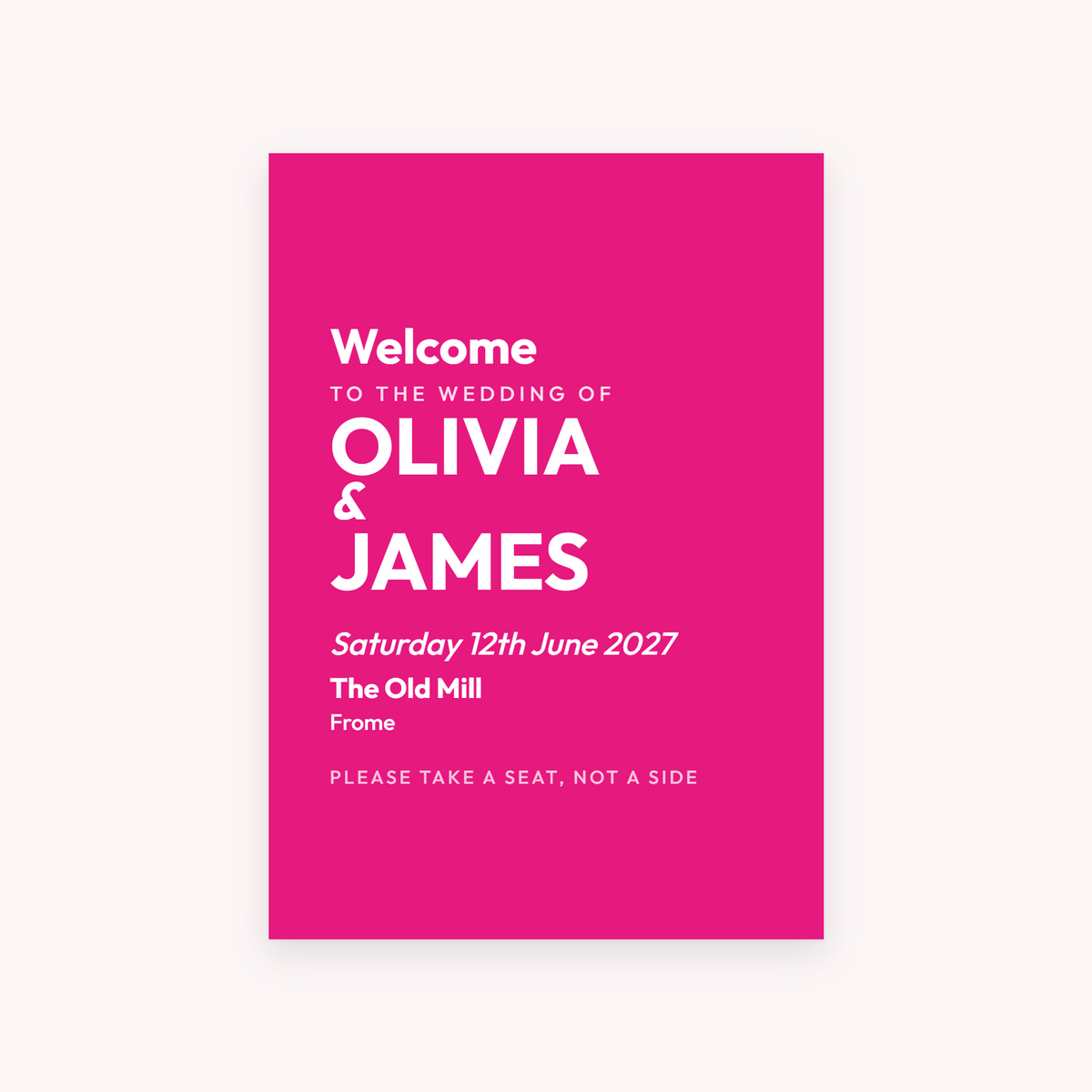 Fizz A1 sign, shown with the sample names Olivia & James