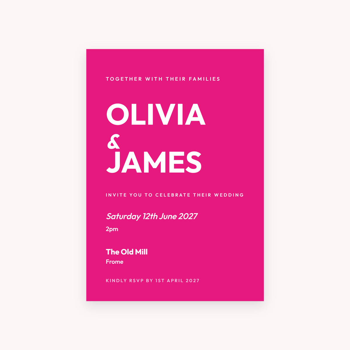 Fizz invitation, shown with the sample names Olivia & James