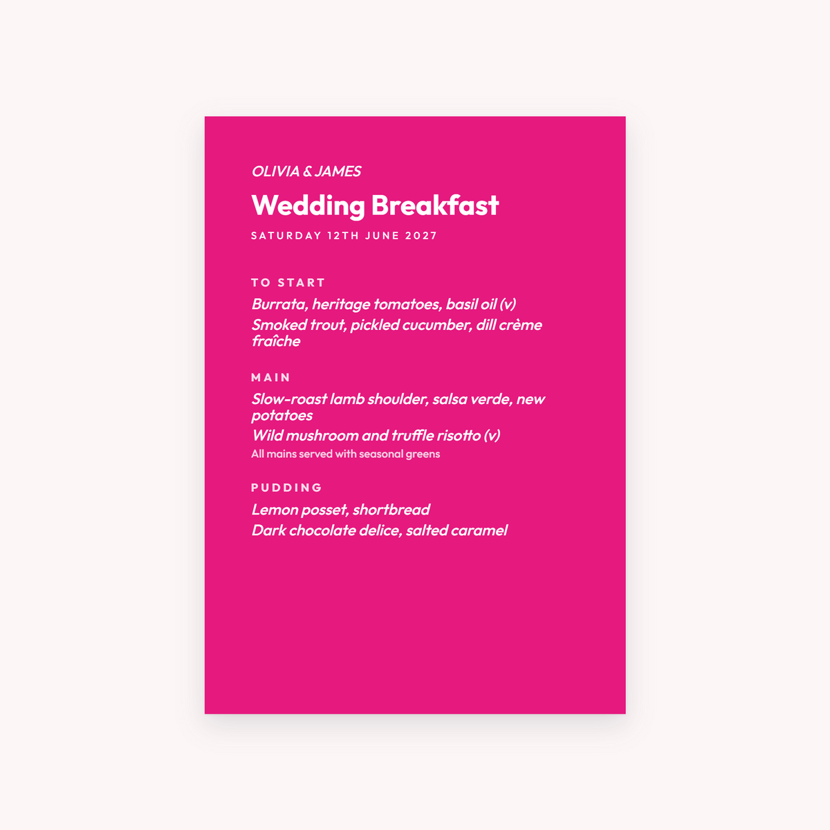 Fizz menu, shown with the sample names Olivia & James