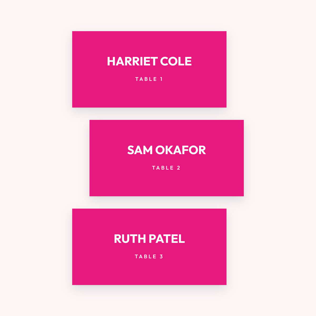 Fizz place cards, shown with the sample names Olivia & James