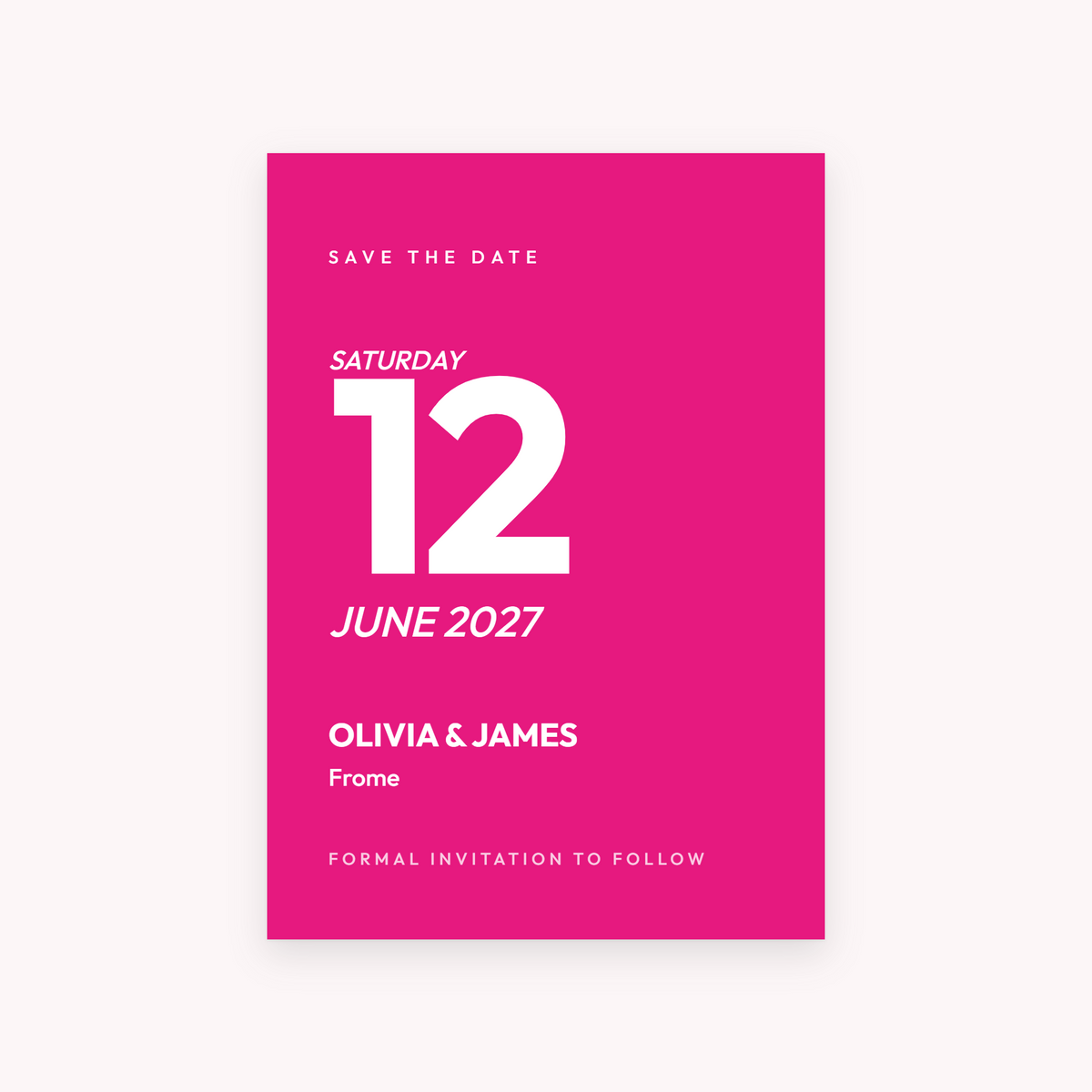 Fizz save the date, shown with the sample names Olivia & James