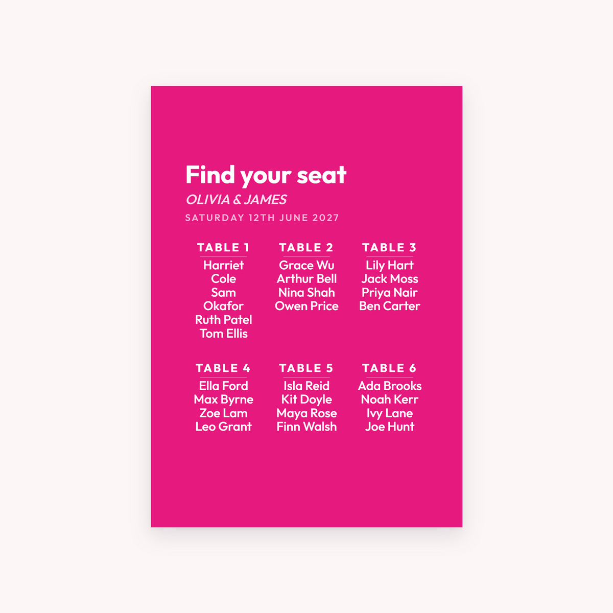Fizz seating plan, shown with the sample names Olivia & James