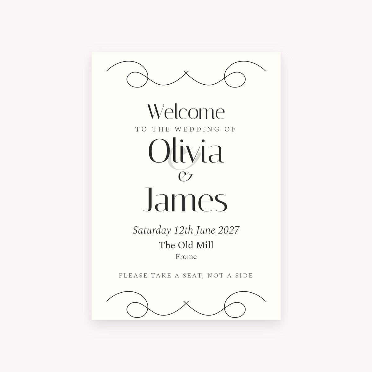 Flourish A1 sign, shown with the sample names Olivia & James