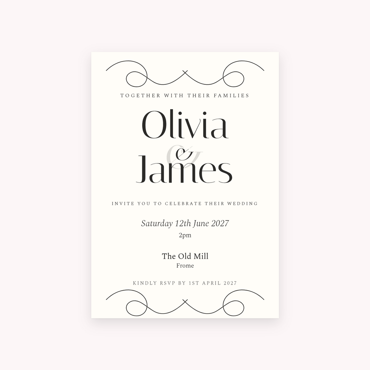 Flourish invitation, shown with the sample names Olivia & James