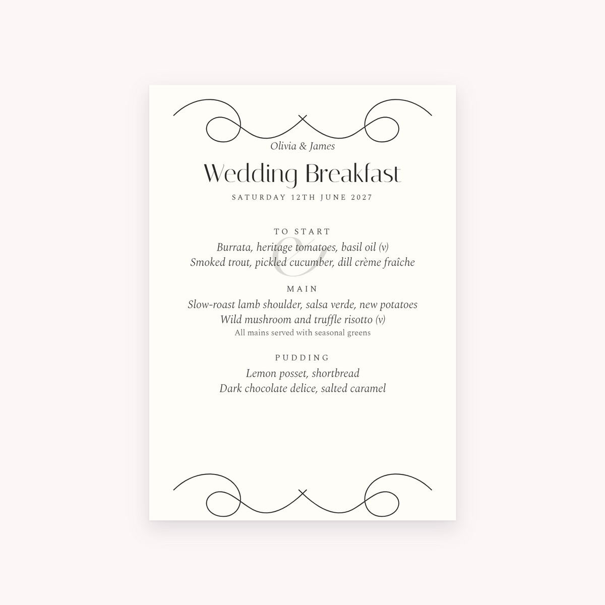 Flourish menu, shown with the sample names Olivia & James