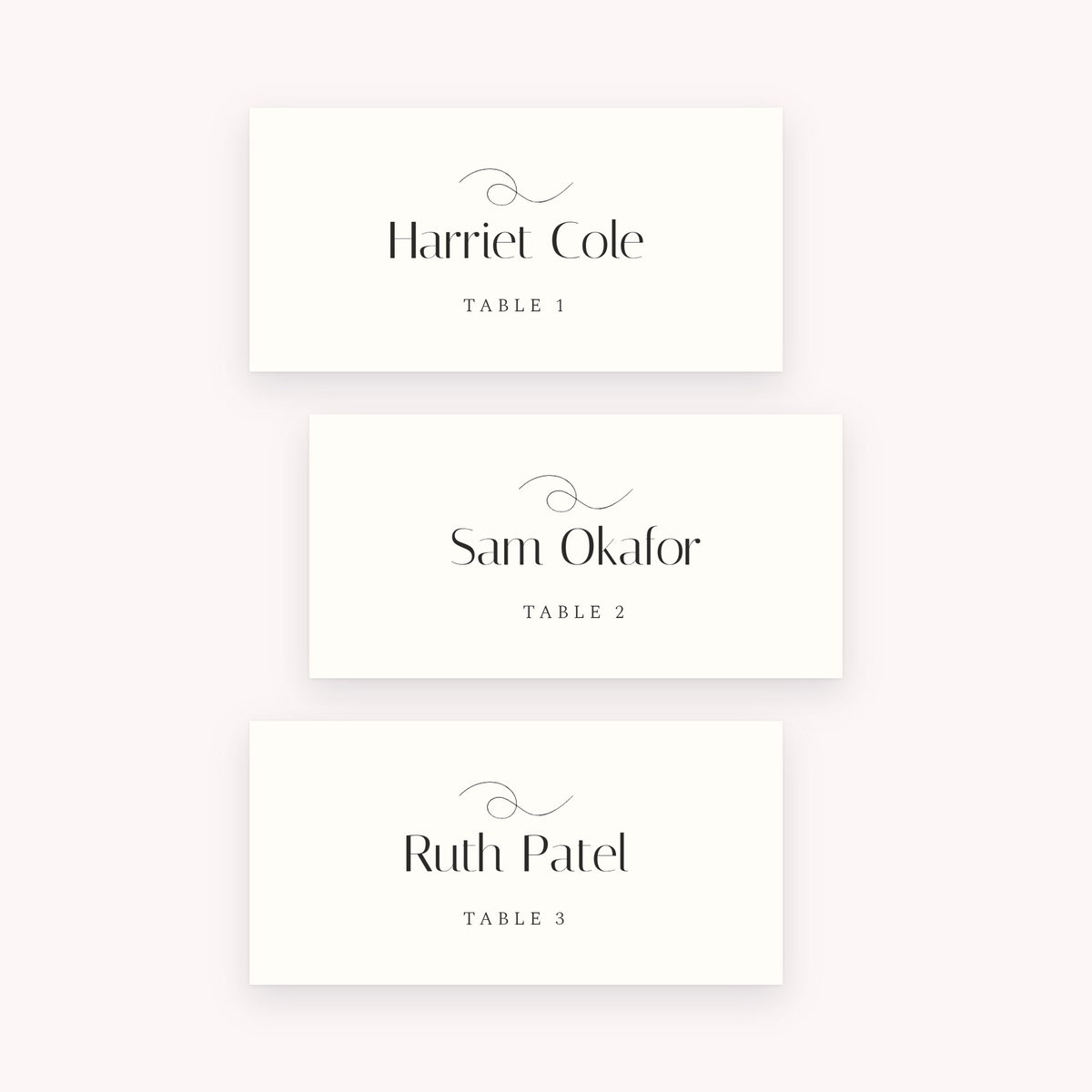 Flourish place cards, shown with the sample names Olivia & James