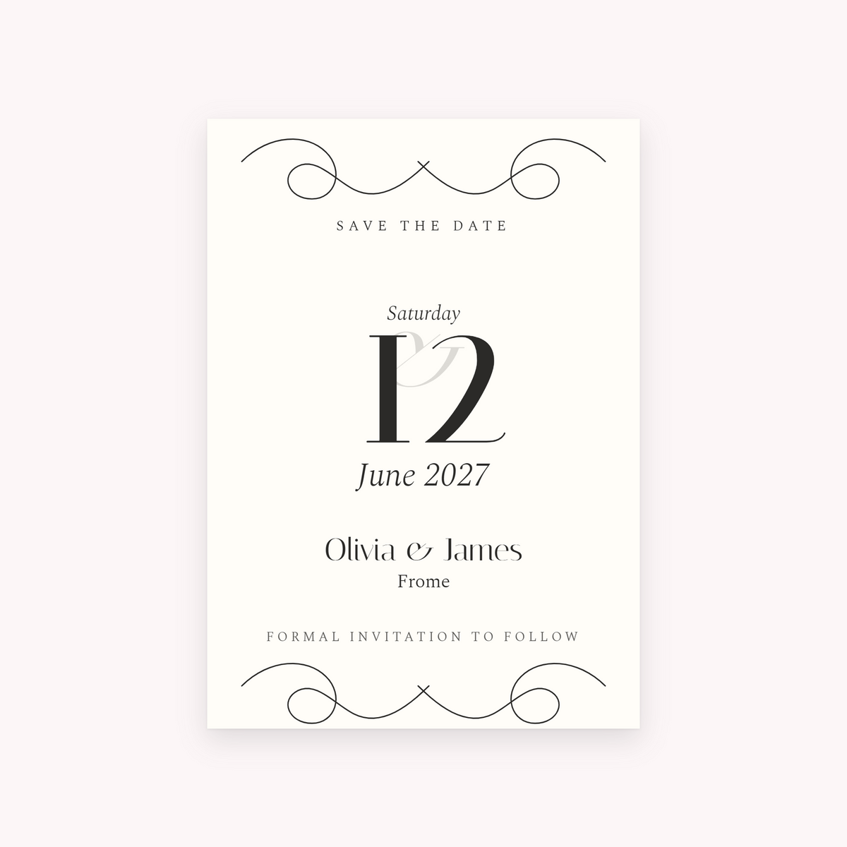 Flourish save the date, shown with the sample names Olivia & James