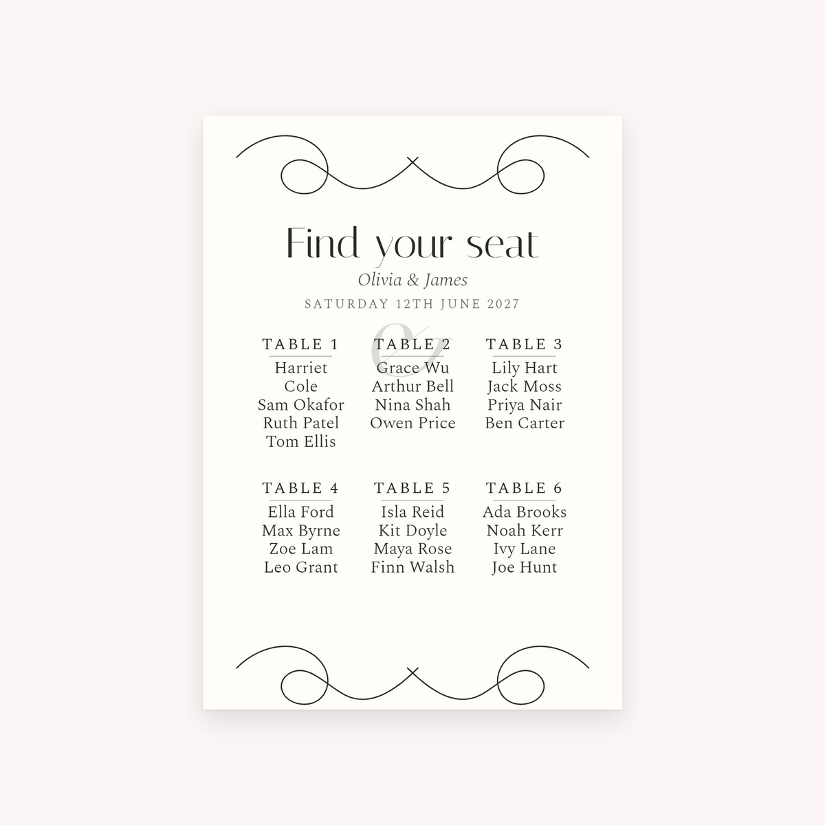 Flourish seating plan, shown with the sample names Olivia & James