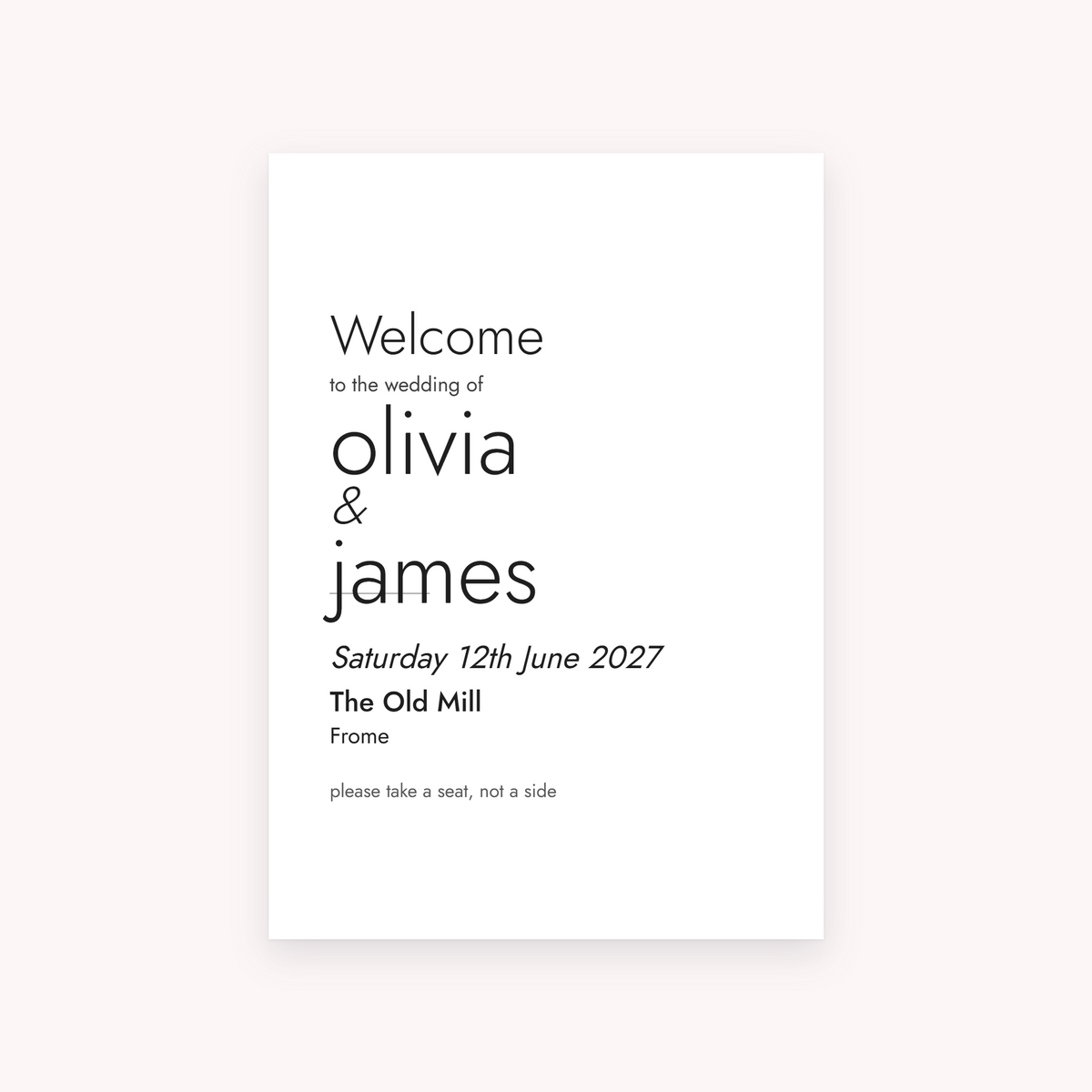 Folio A1 sign, shown with the sample names Olivia & James