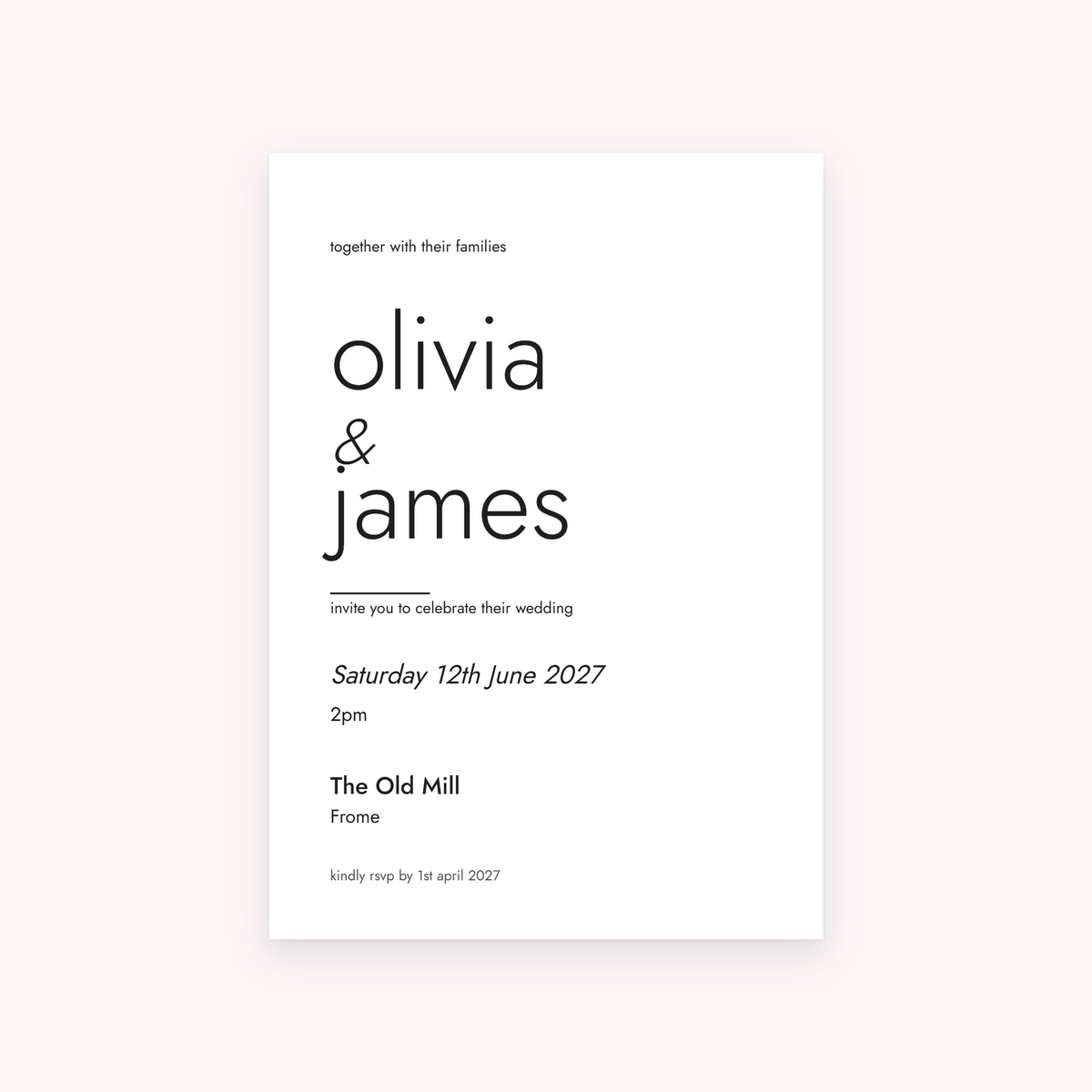 Folio invitation, shown with the sample names Olivia & James