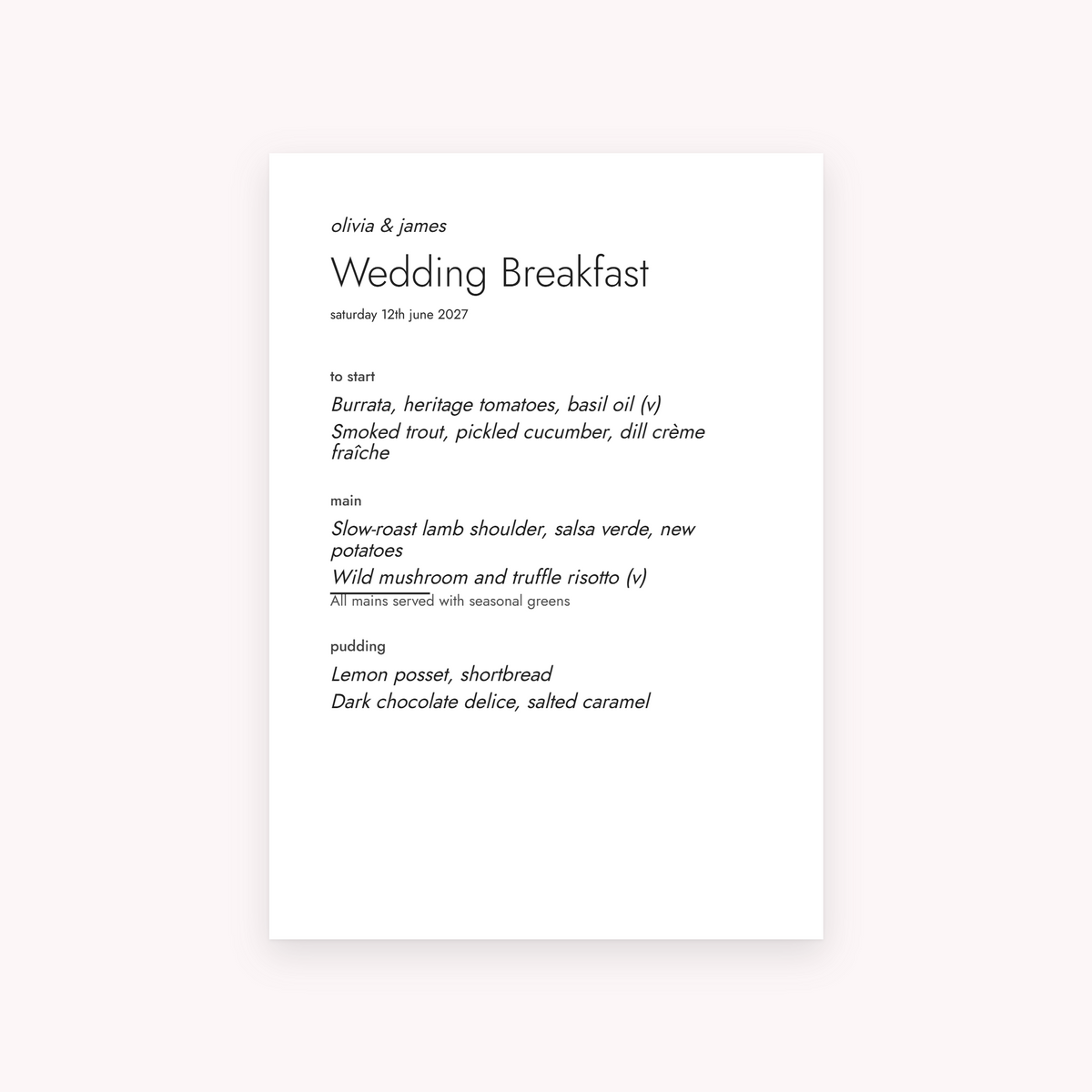 Folio menu, shown with the sample names Olivia & James