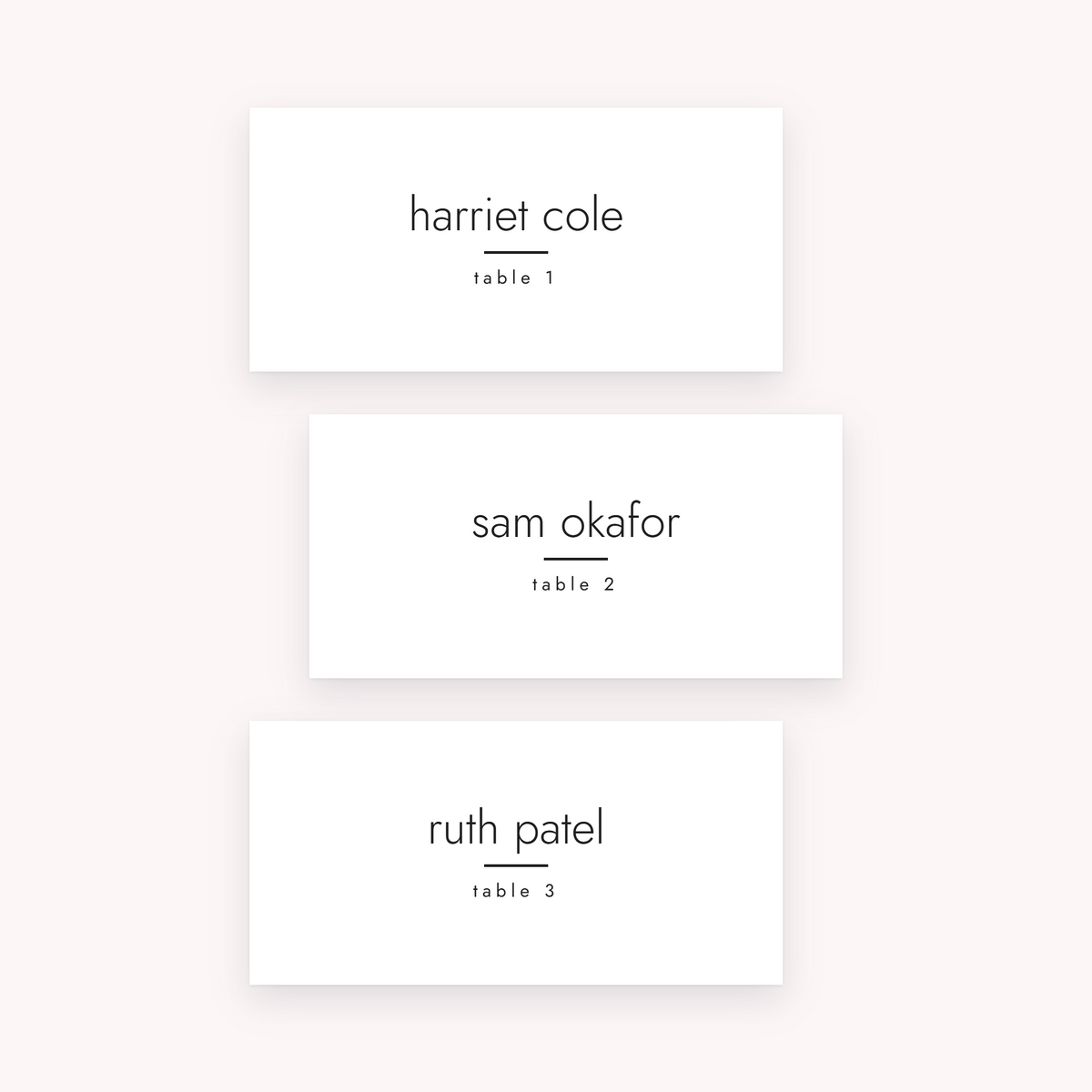 Folio place cards, shown with the sample names Olivia & James