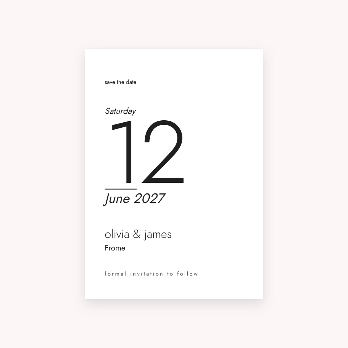 Folio save the date, shown with the sample names Olivia & James