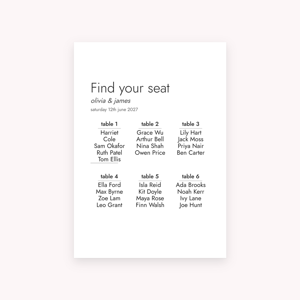 Folio seating plan, shown with the sample names Olivia & James