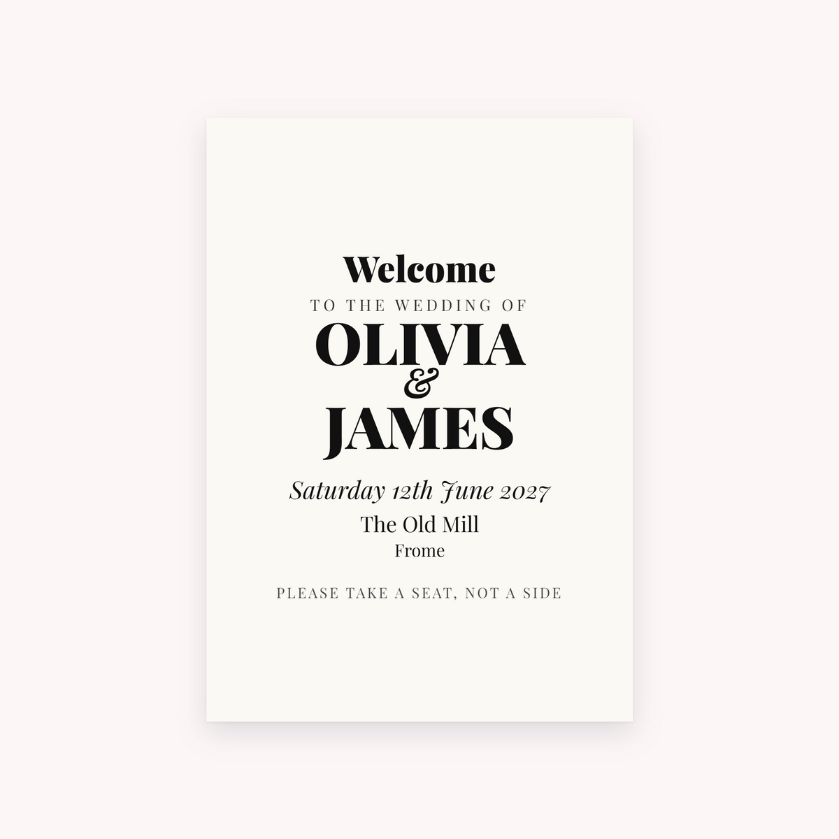 Galley A1 sign, shown with the sample names Olivia & James