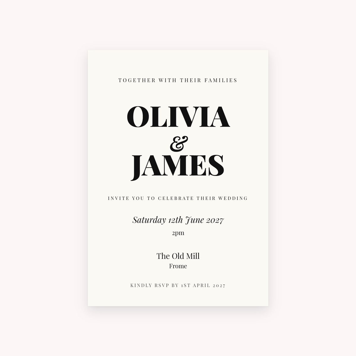 Galley invitation, shown with the sample names Olivia & James