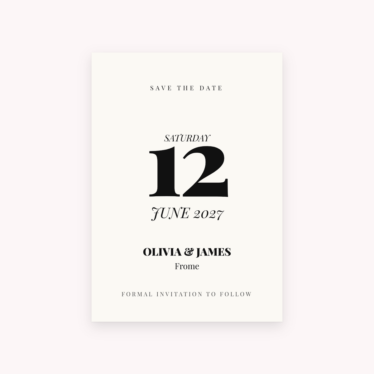 Galley save the date, shown with the sample names Olivia & James
