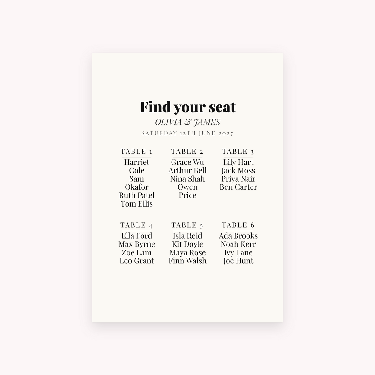 Galley seating plan, shown with the sample names Olivia & James