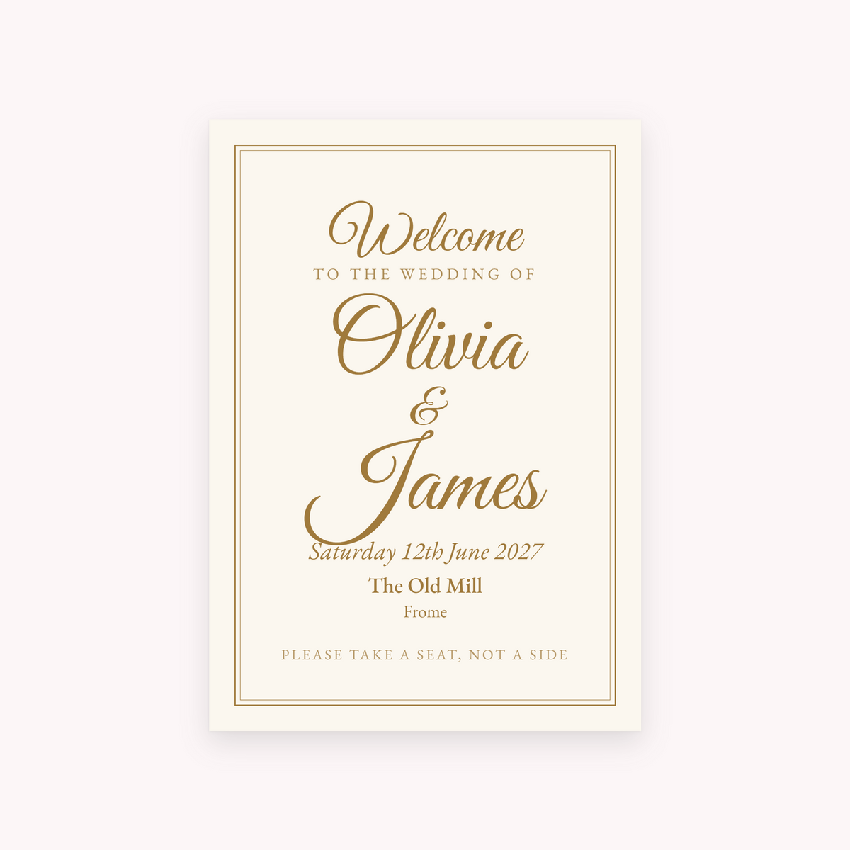 Gilt A1 sign, shown with the sample names Olivia & James