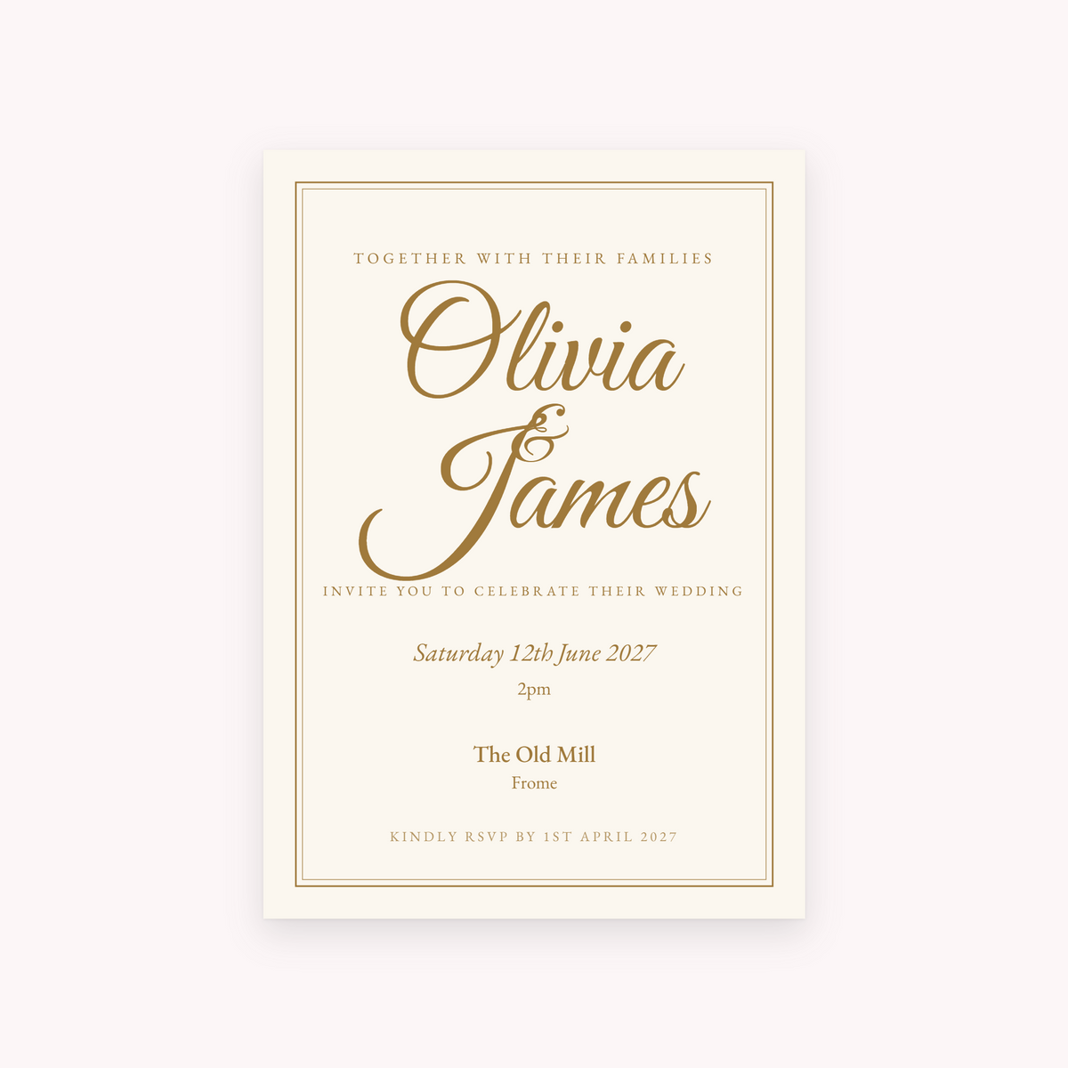 Gilt invitation, shown with the sample names Olivia & James