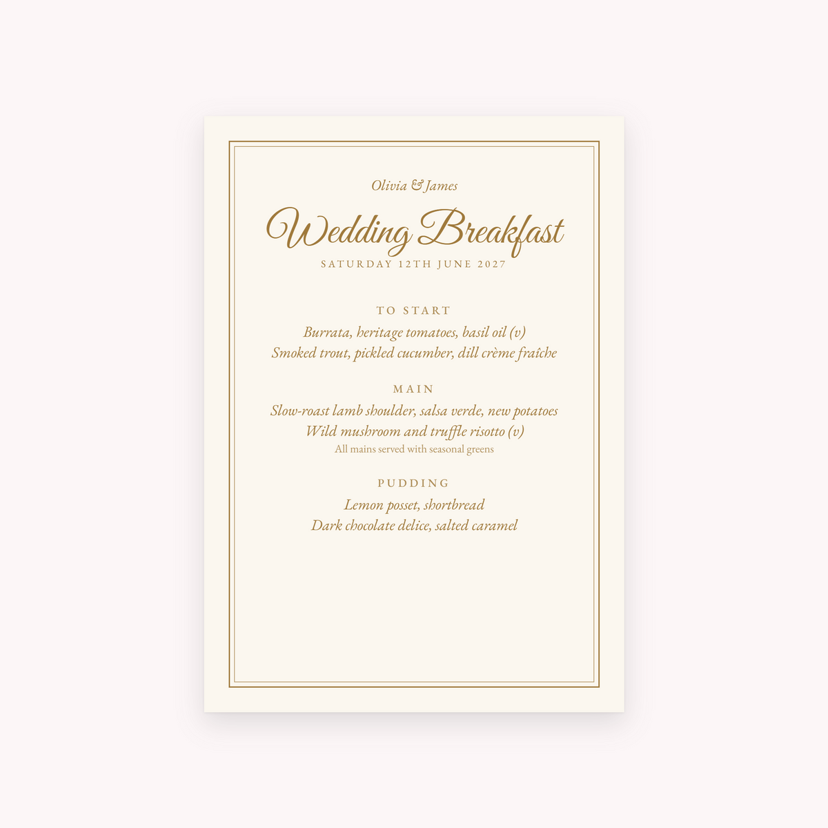Gilt menu, shown with the sample names Olivia & James
