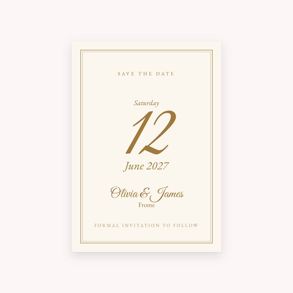Gilt save the date, shown with the sample names Olivia & James