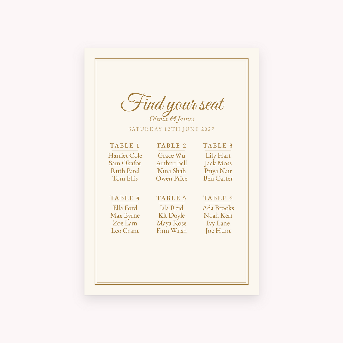 Gilt seating plan, shown with the sample names Olivia & James