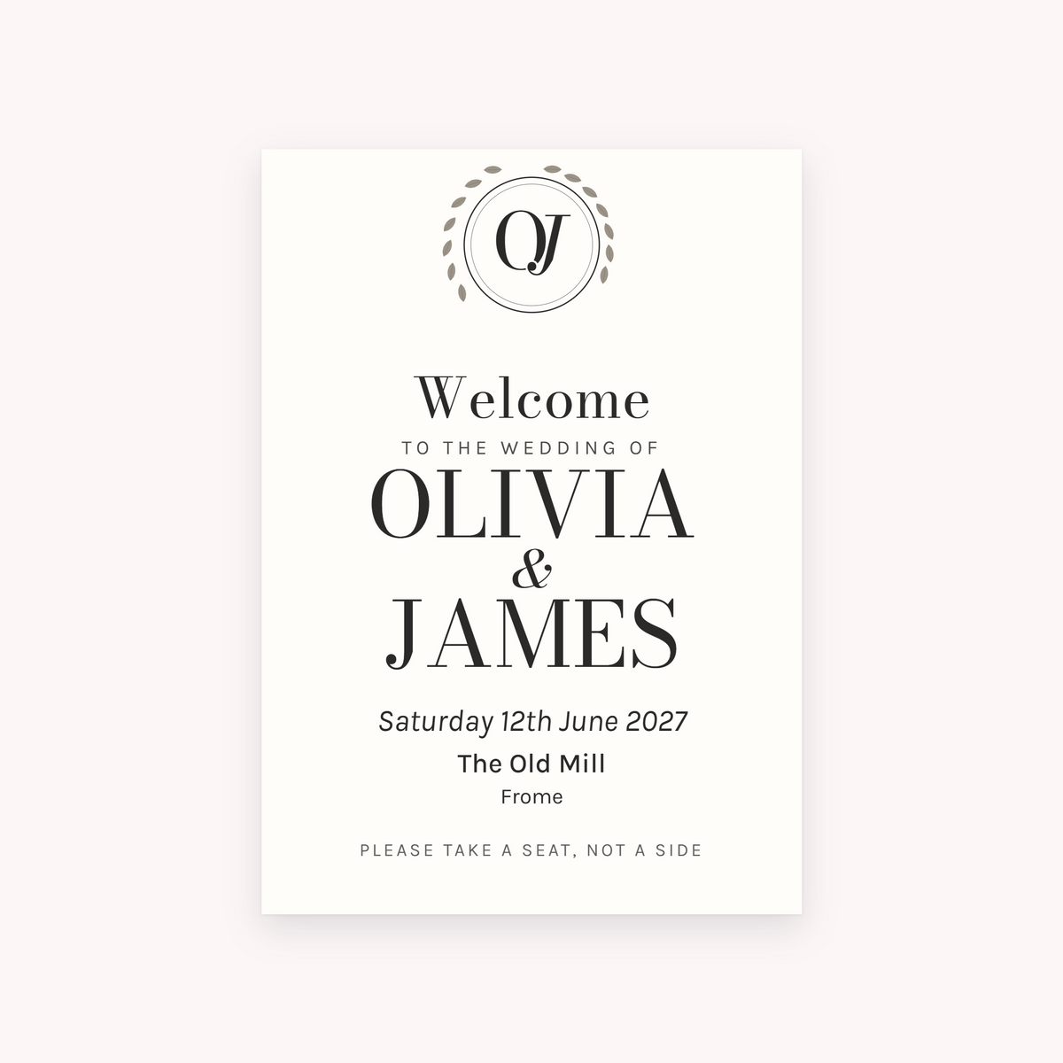 Initials A1 sign, shown with the sample names Olivia & James