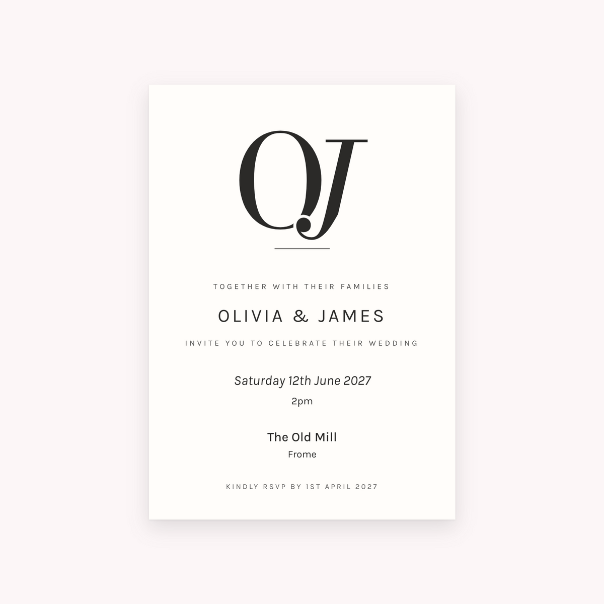 Initials invitation, shown with the sample names Olivia & James