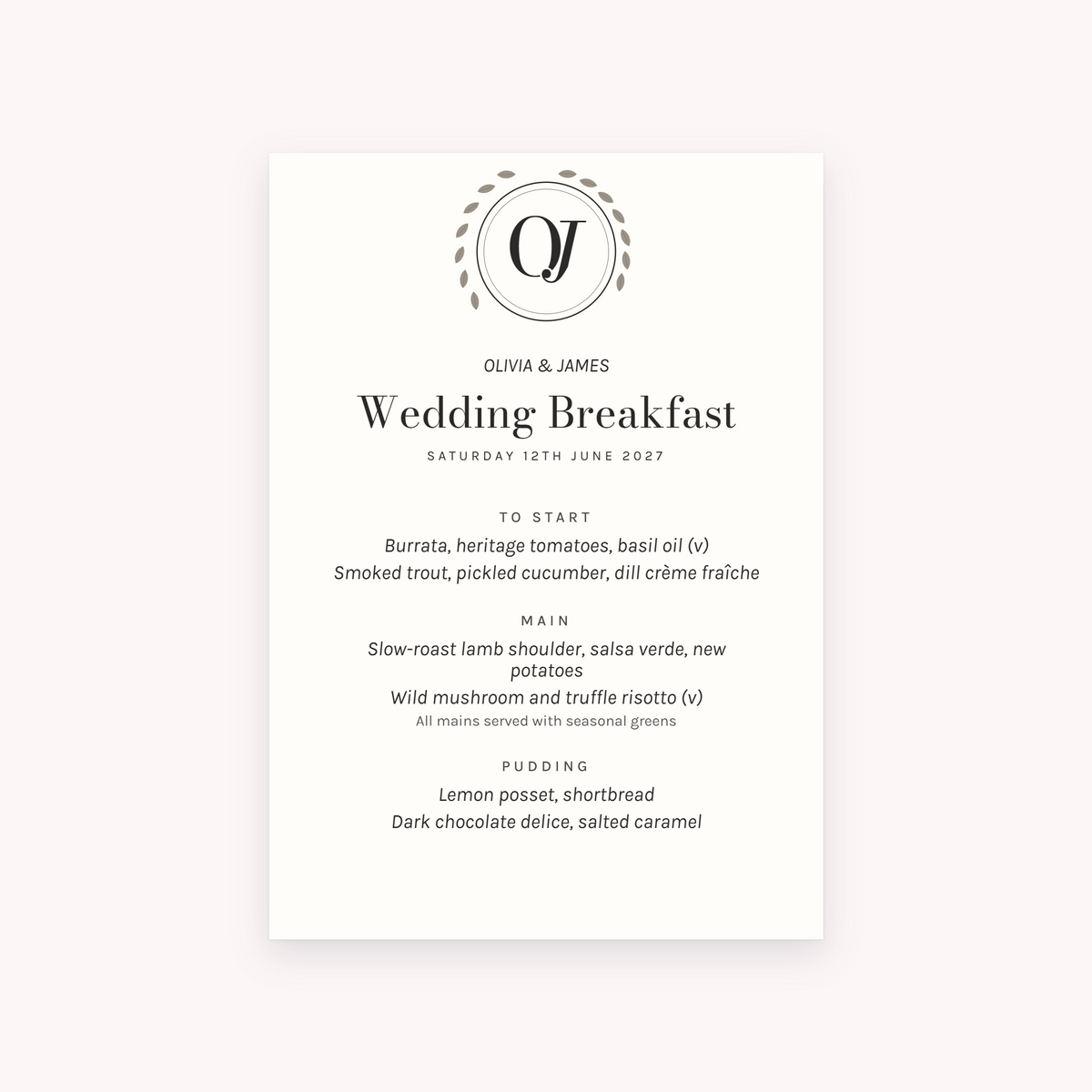 Initials menu, shown with the sample names Olivia & James