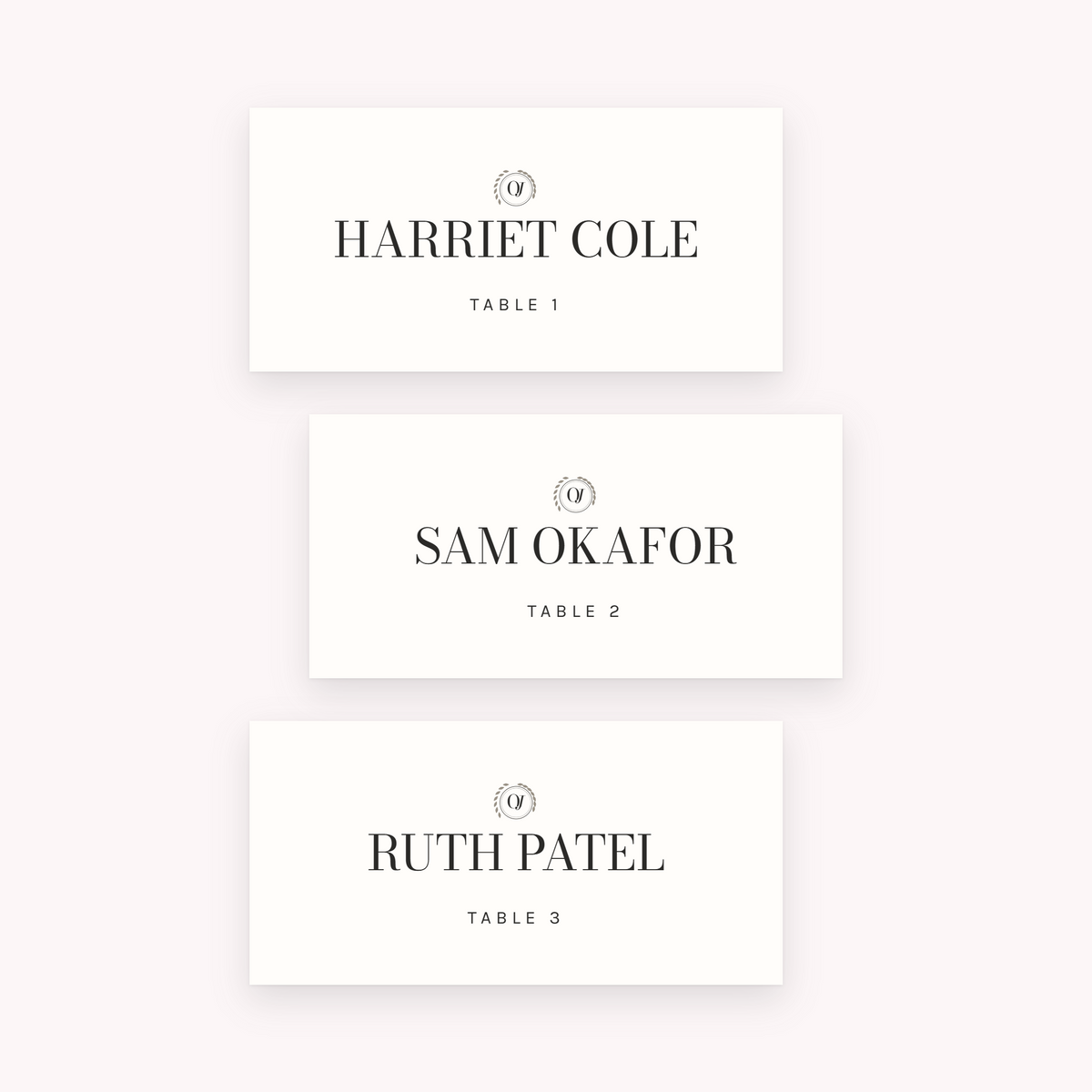 Initials place cards, shown with the sample names Olivia & James