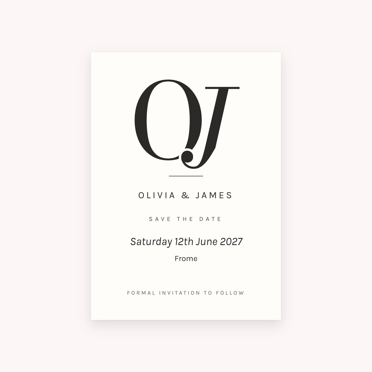Initials save the date, shown with the sample names Olivia & James