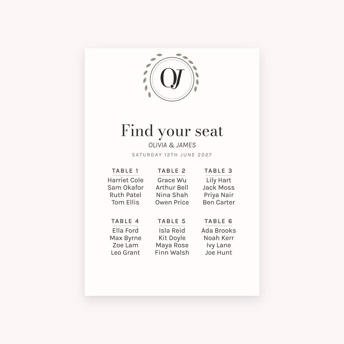Initials seating plan, shown with the sample names Olivia & James