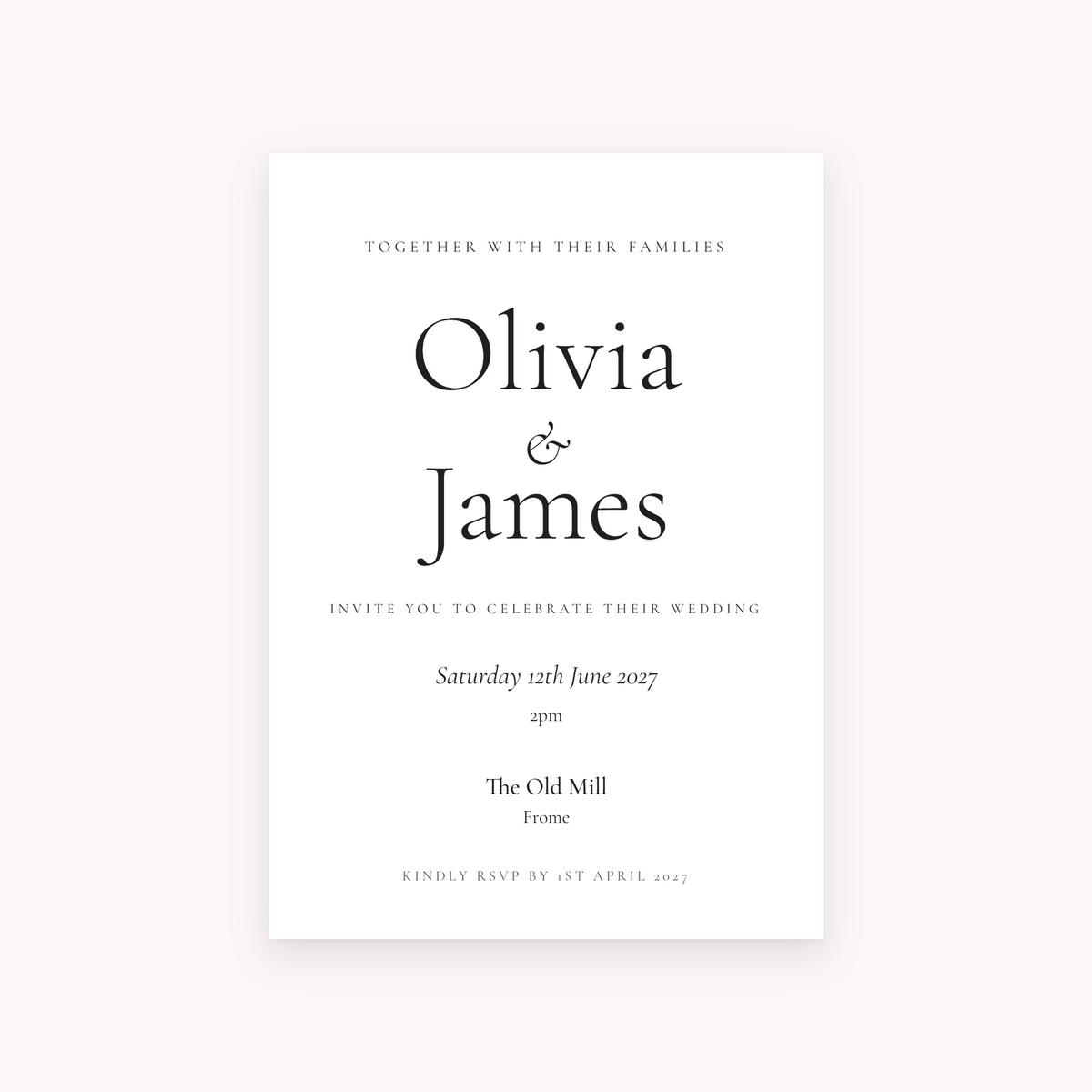 Ledger invitation, shown with the sample names Olivia & James