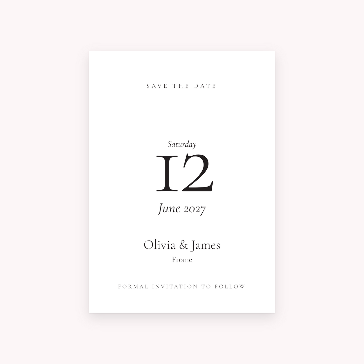 Ledger save the date, shown with the sample names Olivia & James