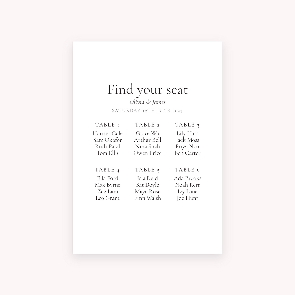 Ledger seating plan, shown with the sample names Olivia & James