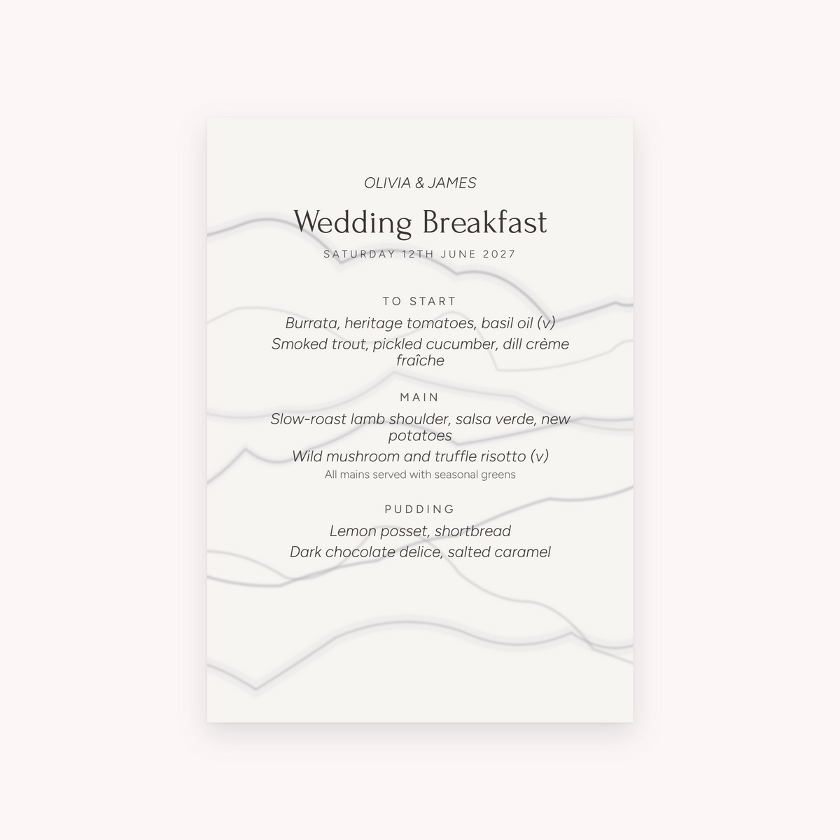 Marble menu, shown with the sample names Olivia & James