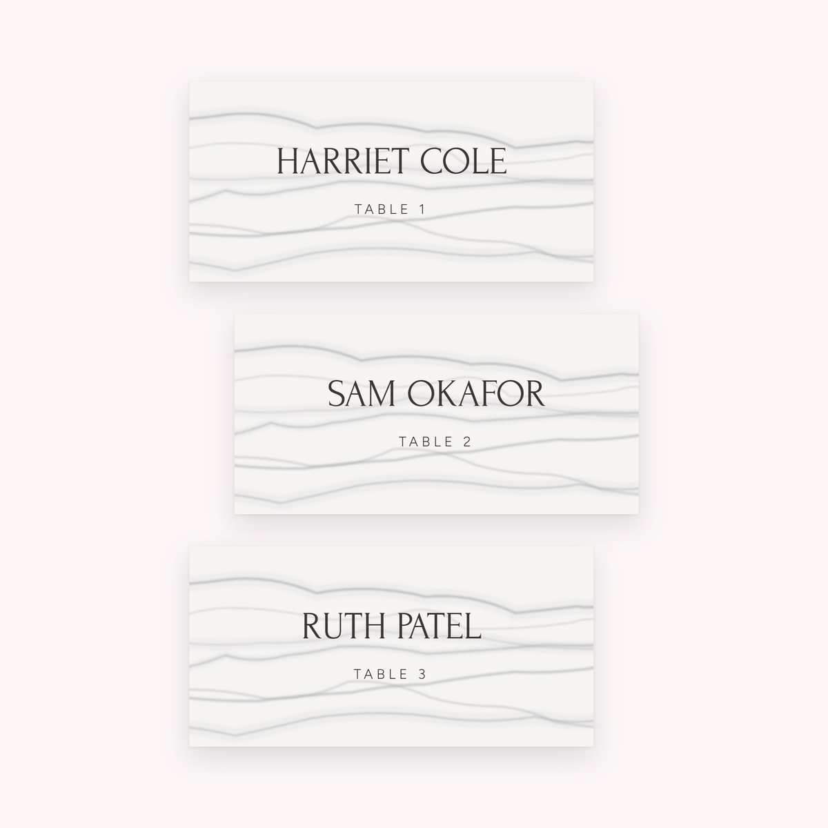 Marble place cards, shown with the sample names Olivia & James