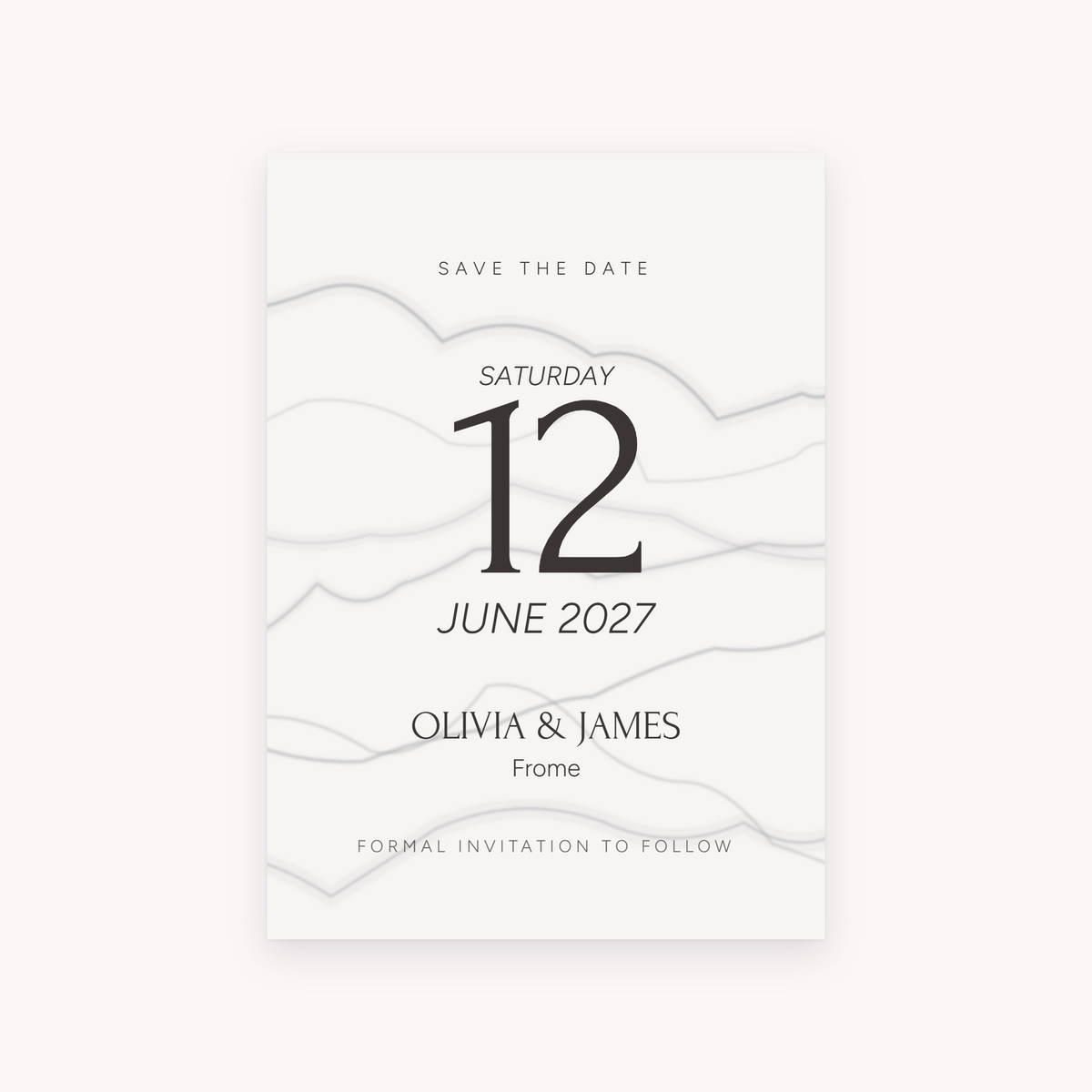 Marble save the date, shown with the sample names Olivia & James